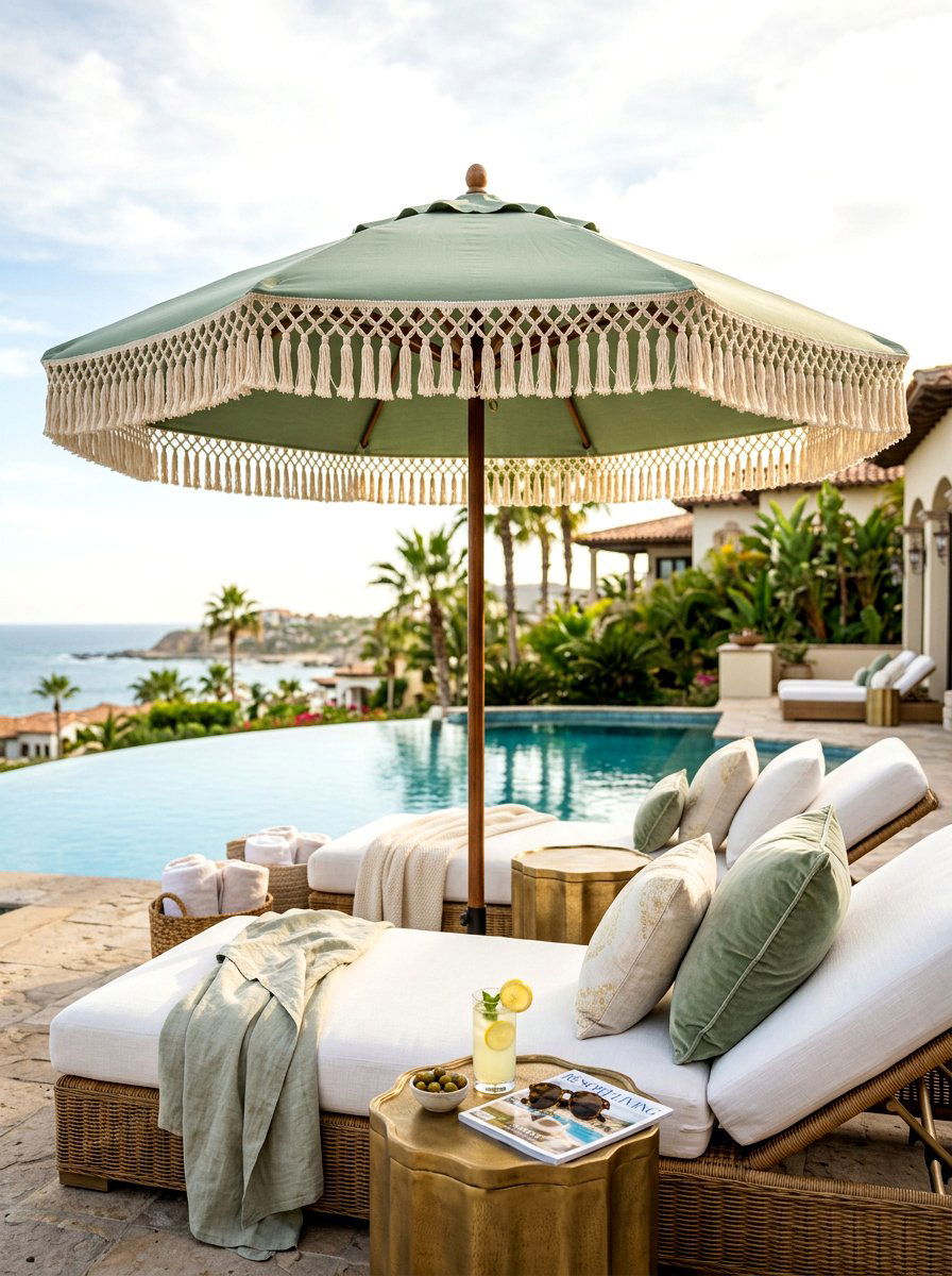 Fringe Trim Patio Umbrella - 30 poolside umbrella lounge ideas