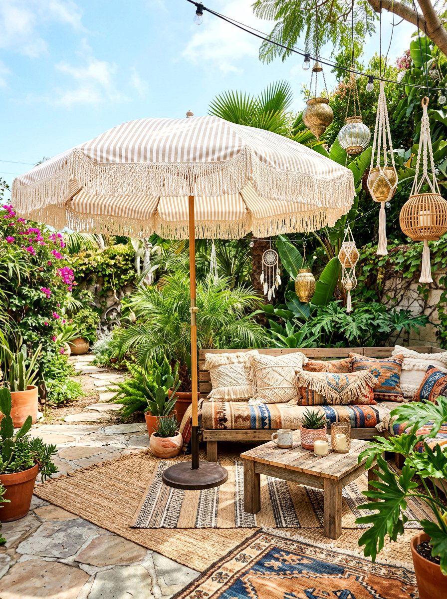 Fringe striped umbrella - 30 striped umbrella patio decor ideas