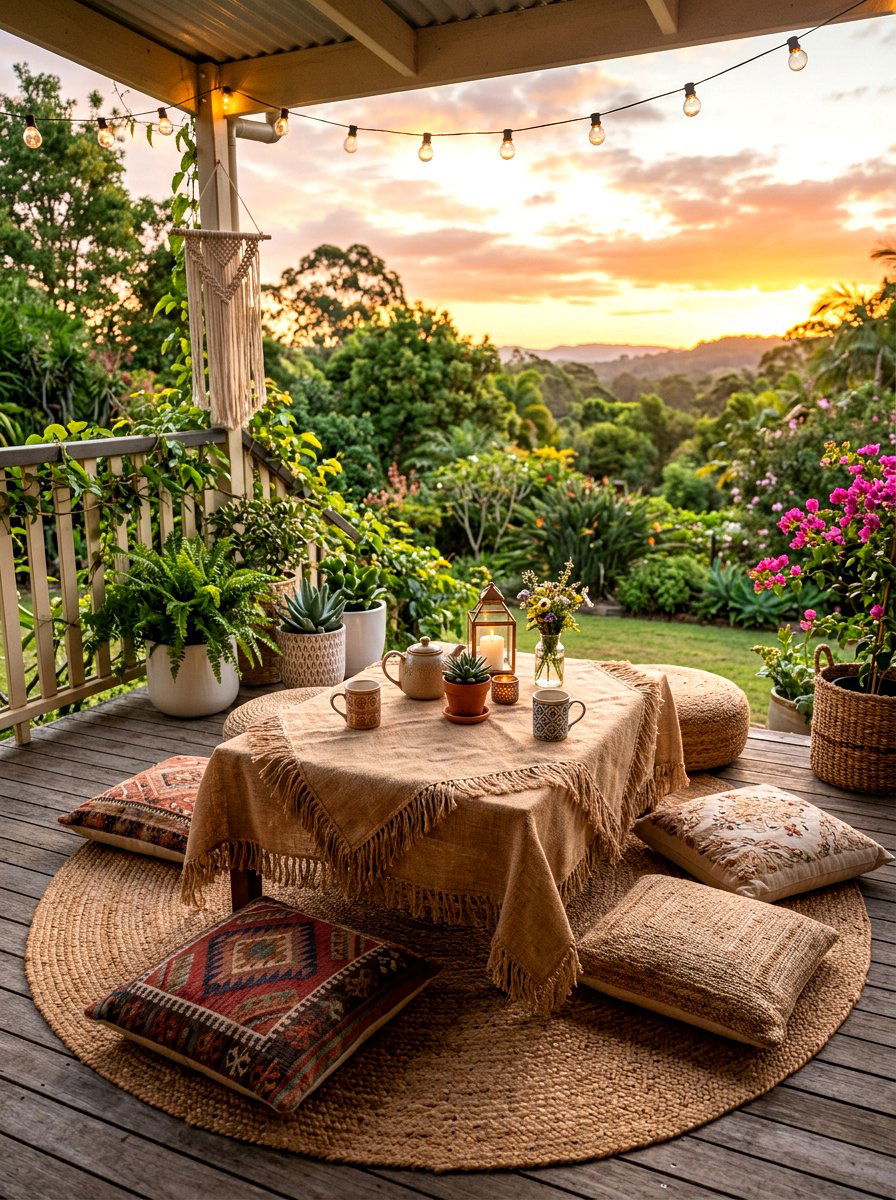 Fringed Burlap Porch Table - 30 porch skirted table ideas