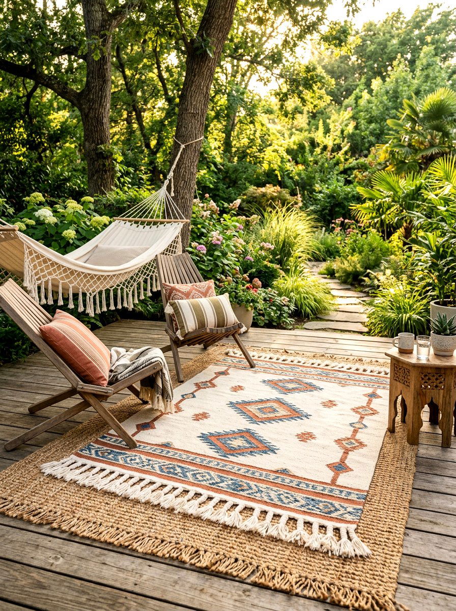 Fringed Edge Rug Over Large Neutral Mat - 30 layered outdoor rug ideas