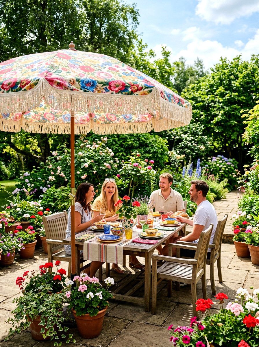 Fringed Garden Parasol - 30 bohemian backyard ideas