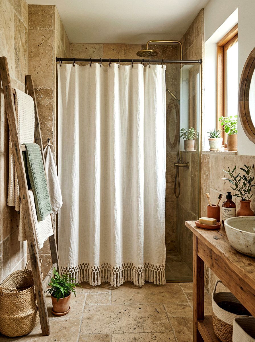 Fringed Linen Shower Curtain - 30 linen shower curtain ideas