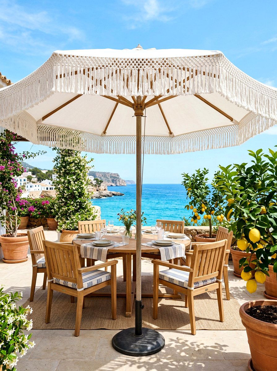Fringed Market Umbrella - 30 Nancy Meyers outdoor dining ideas