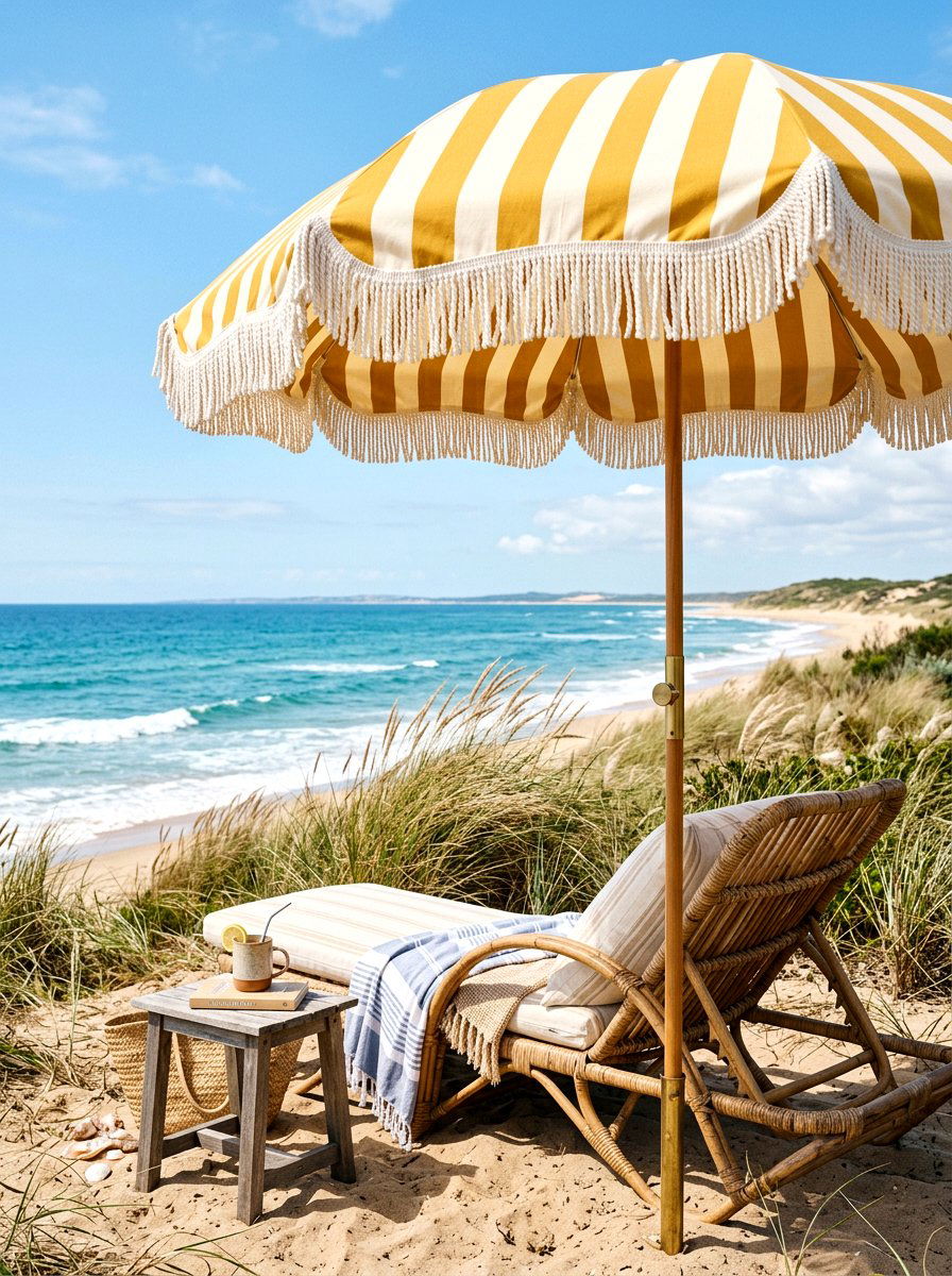 Fringed Striped Umbrella Relaxation Spot - 30 striped cabana backyard ideas
