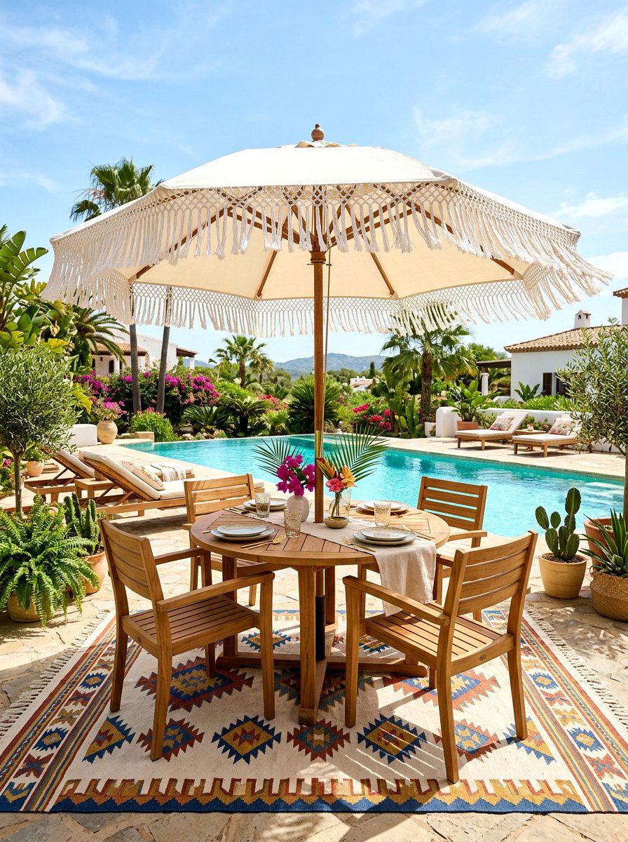 Fringed patio umbrella - 30 boho outdoor furniture ideas