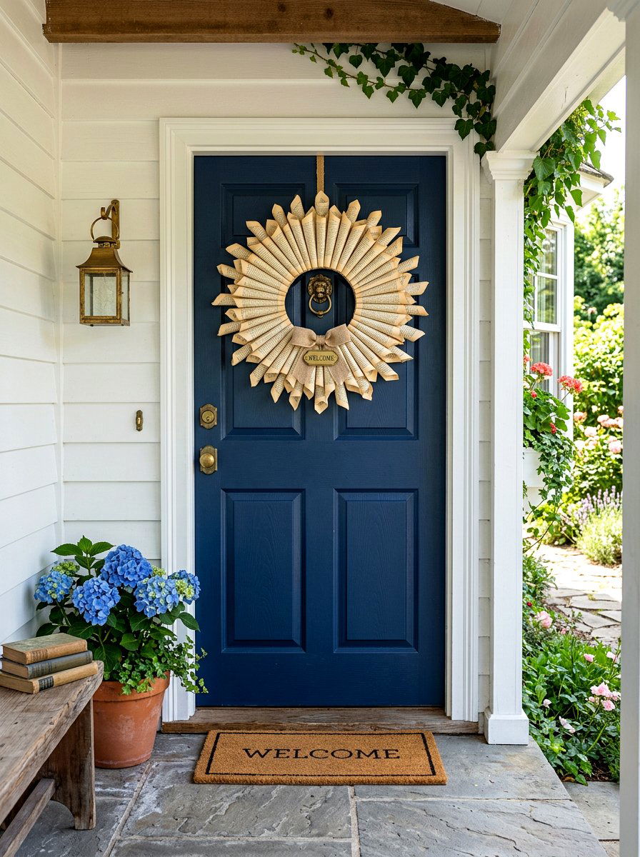 Front Door Entryway Featuring Vintage Book Wreath - 30 vintage book decor ideas