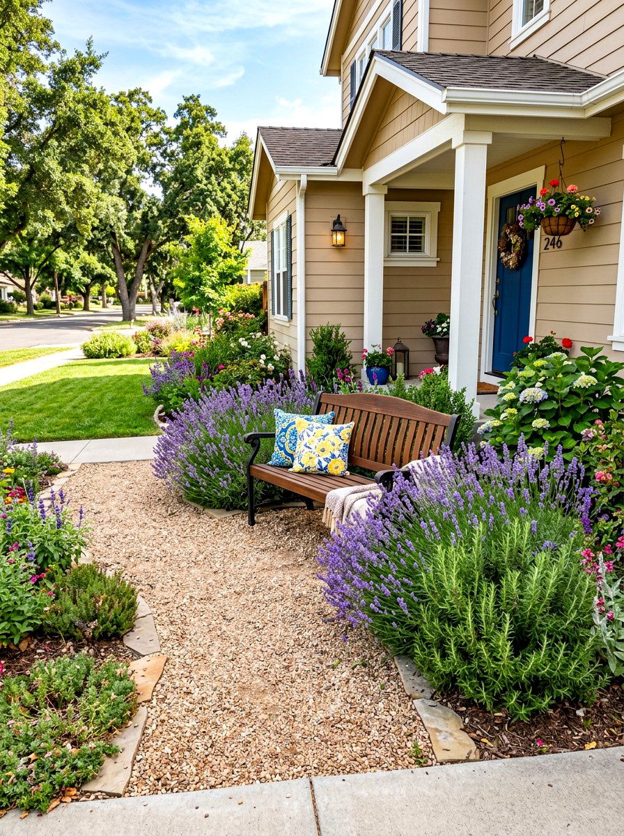 Front Yard Bench - 30 house entrance landscaping ideas