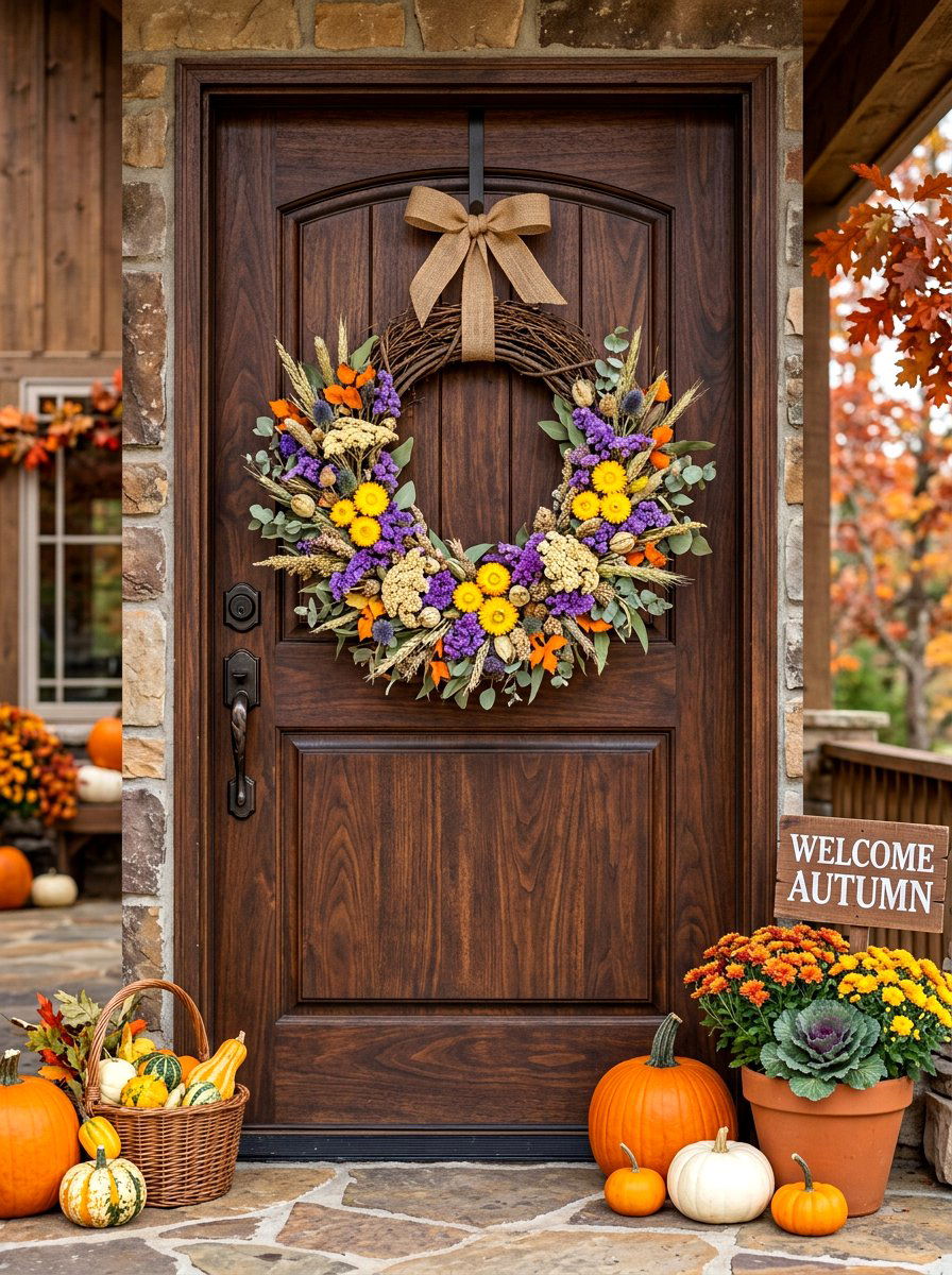 Front door dried flower wreath - 30 fall wreath ideas