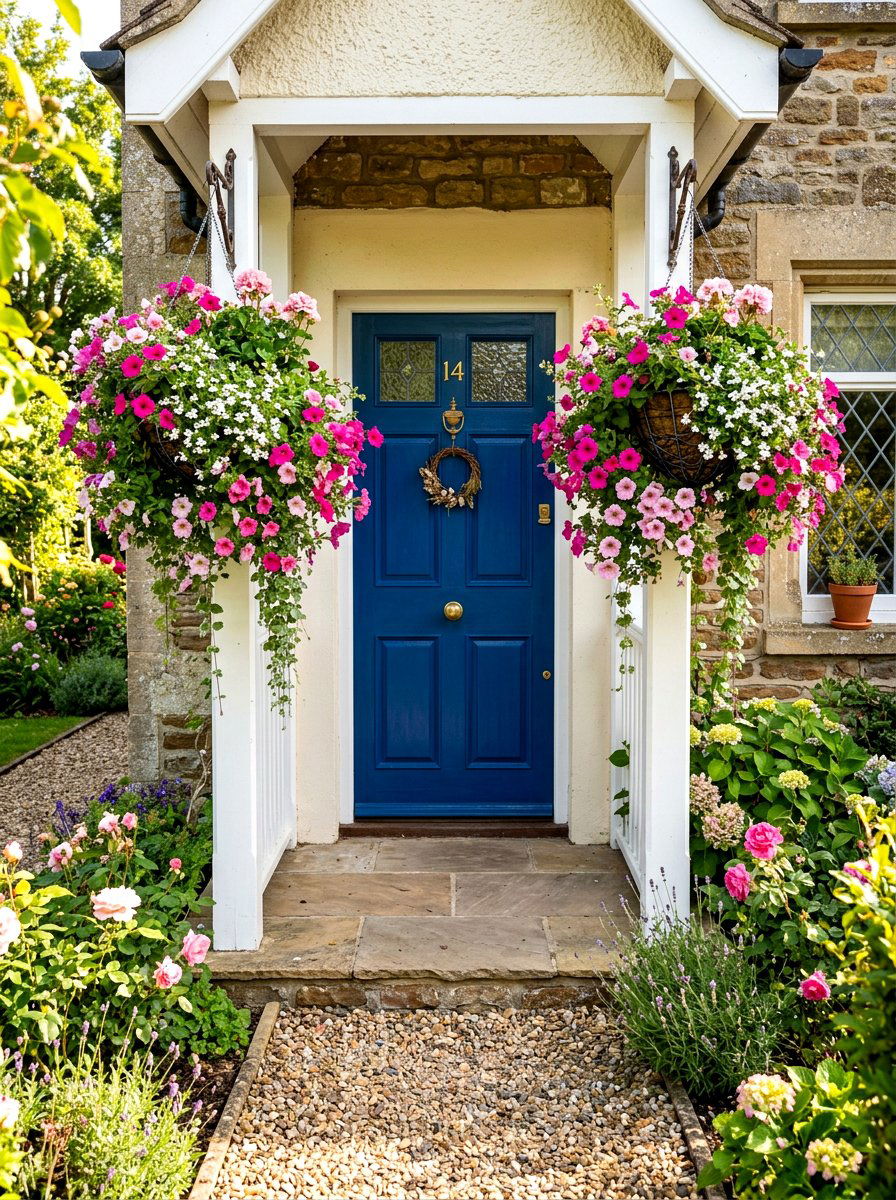 Front door hanging baskets - 30 cottage front yard garden ideas