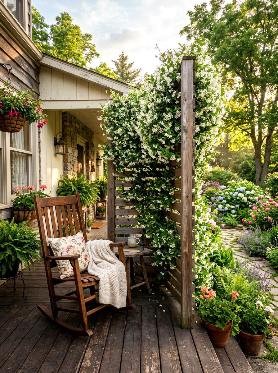 Front porch privacy screen with vines - 30 porch slat wall ideas