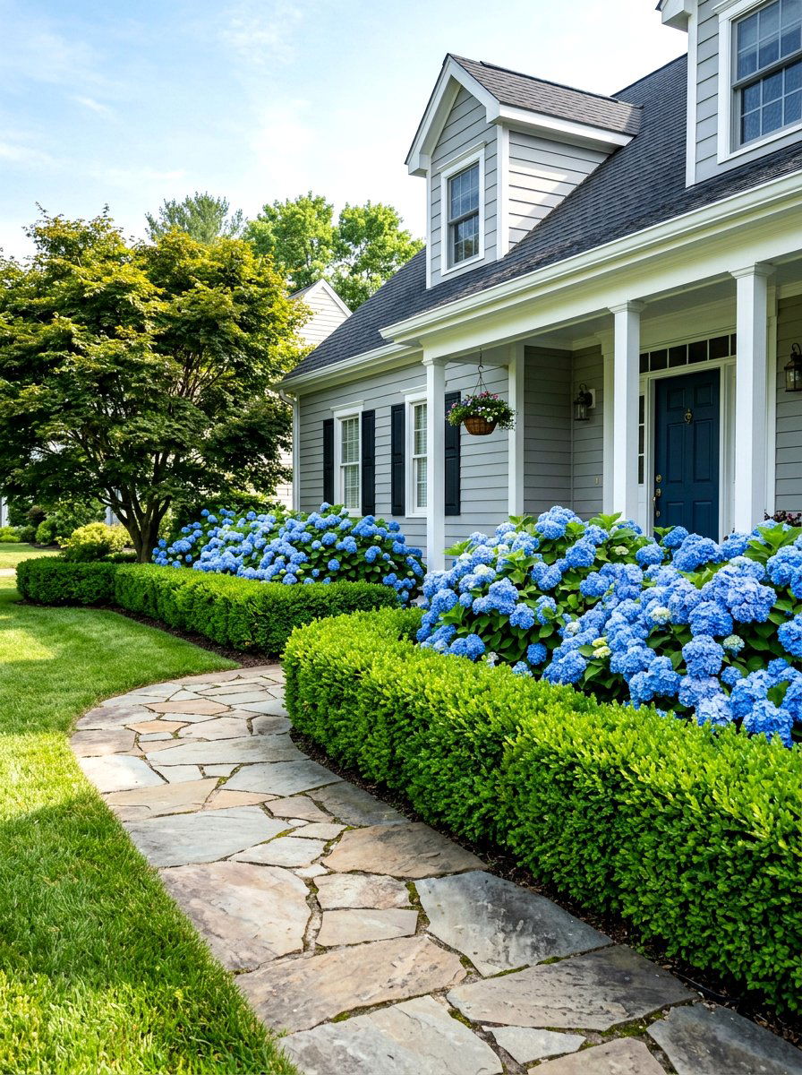Front yard hydrangea and boxwood foundation - 30 evergreen and hydrangea landscape ideas