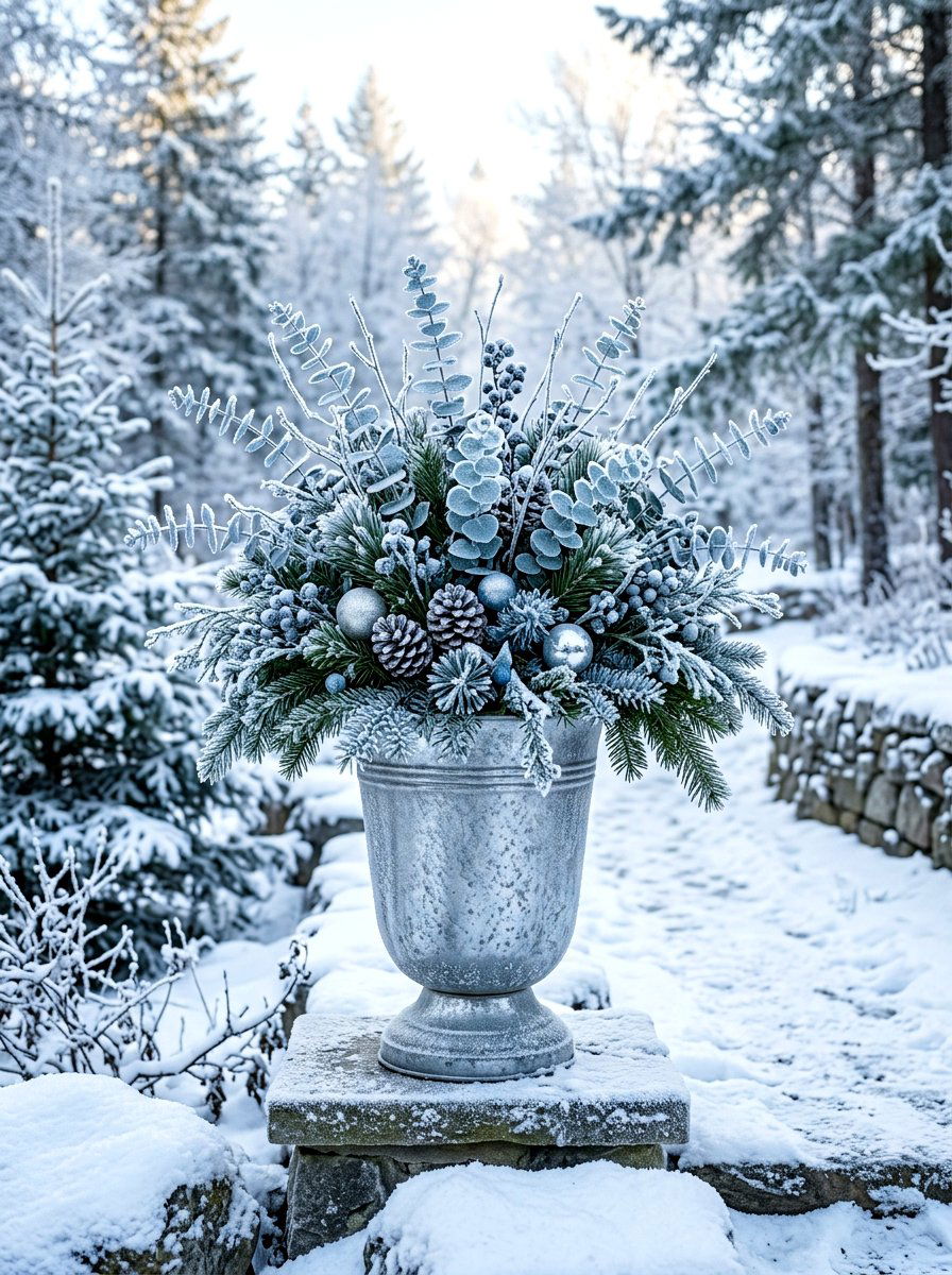 Frosted Eucalyptus Arrangement - 30 winter porch planter ideas