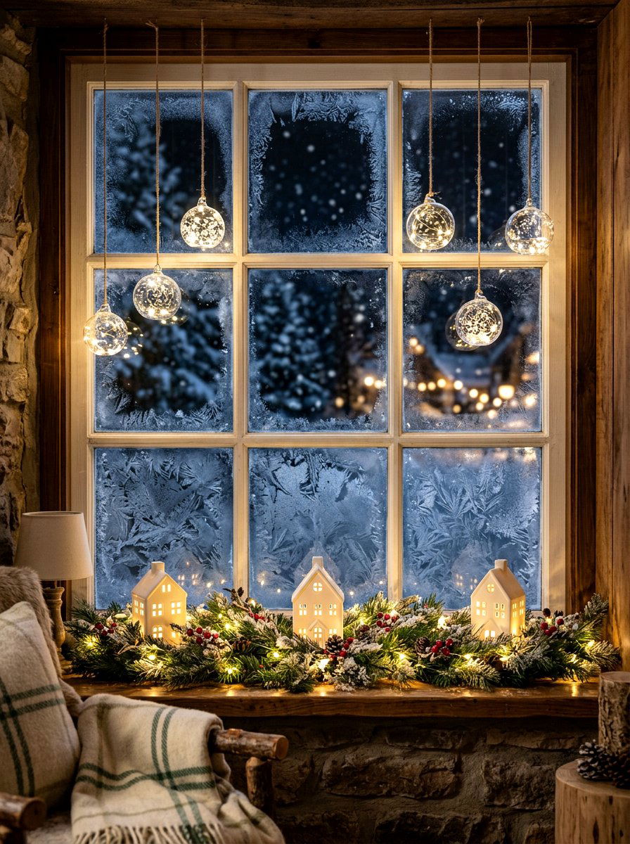 Frosted Evergreen Window - 30 neutral holiday decor ideas