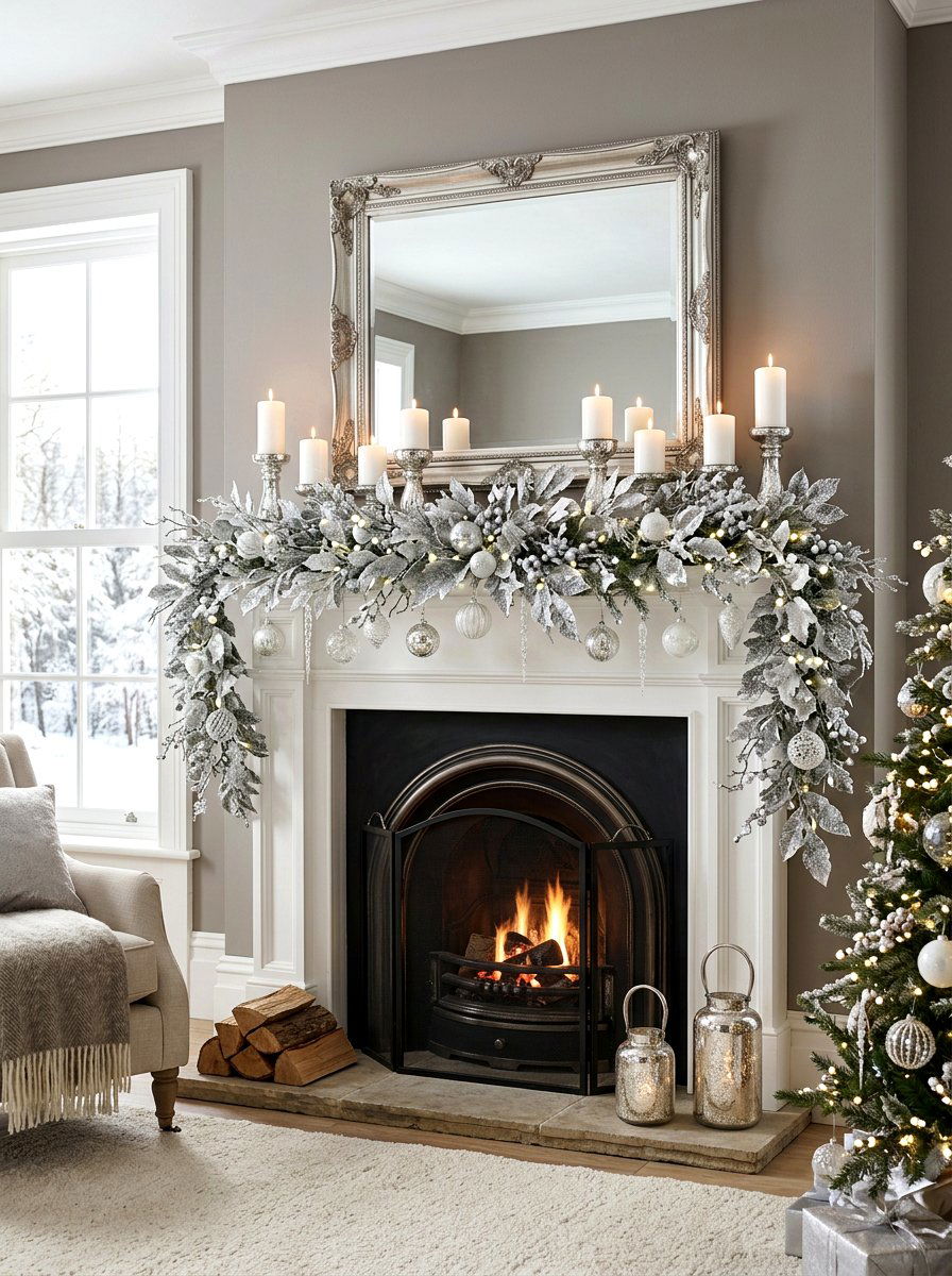 Frosted Leaf Mantel - 30 holiday mantel garland ideas