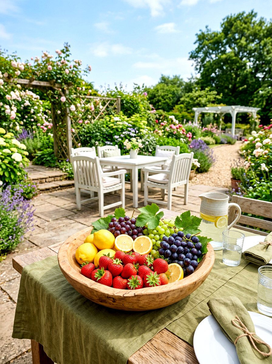 Fruit bowl garden centerpiece - 30 garden baby shower table ideas