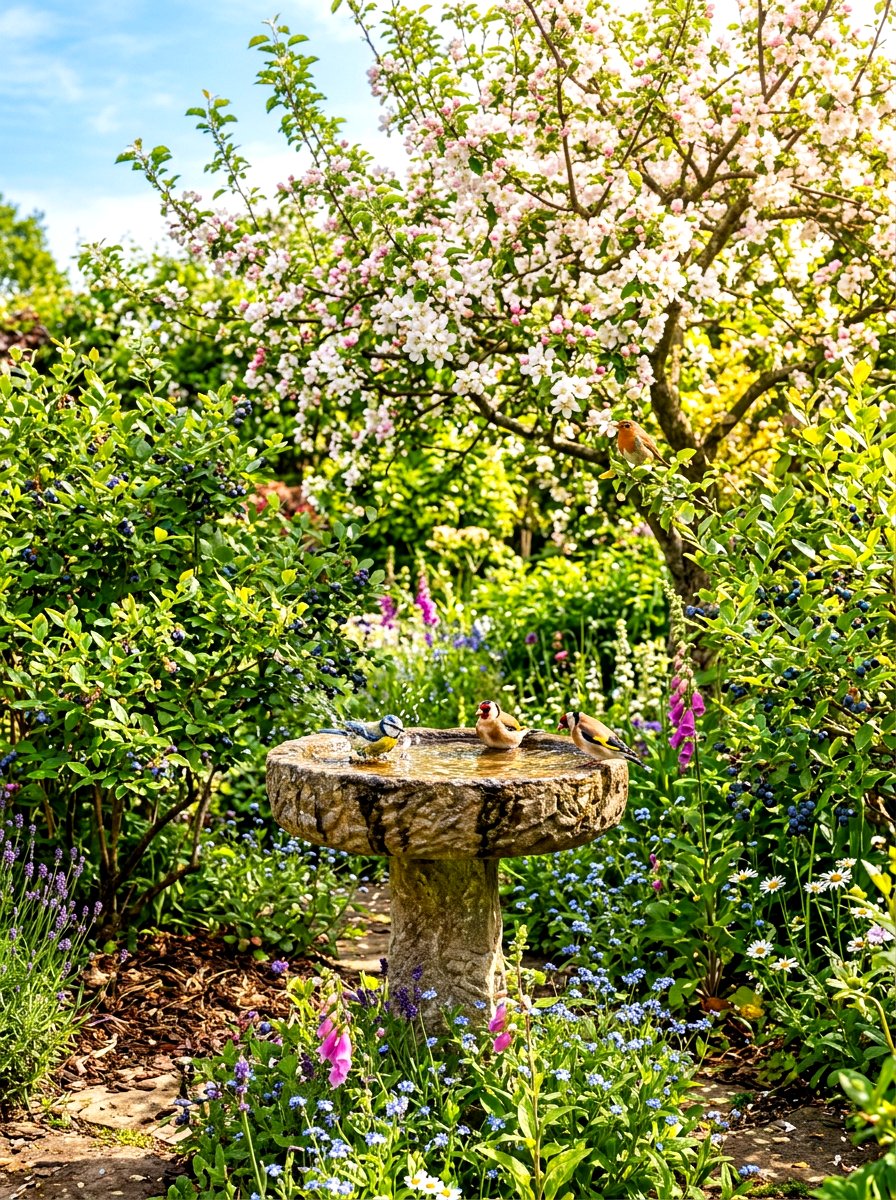Fruit tree bird bath area - 30 orchard backyard aesthetic ideas