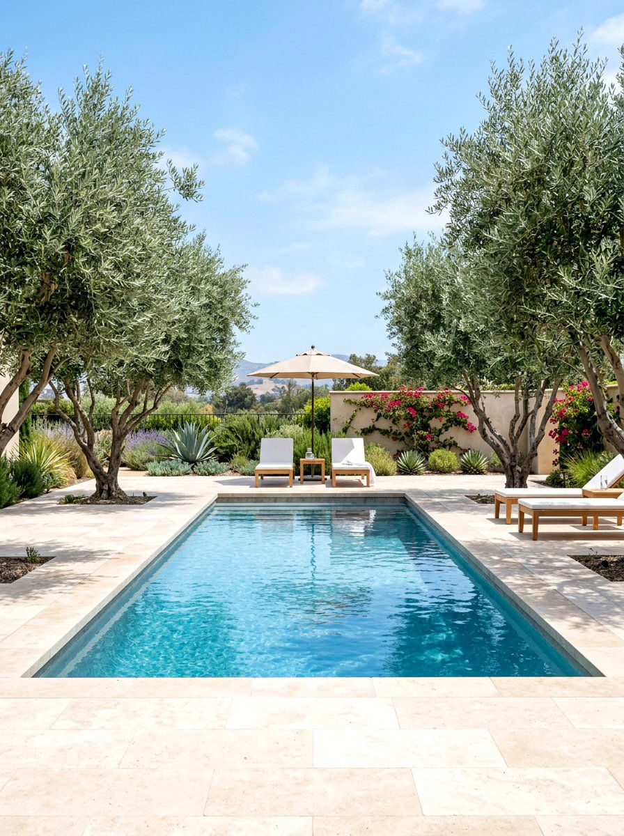 Fruitless olive trees for swimming pools - 30 poolside olive trees ideas