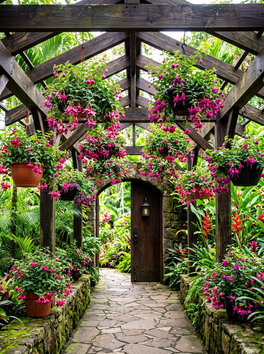 Fuchsia Hanging Plants - 30 floral doorway ideas