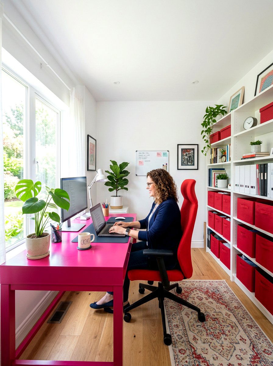 Fuschia and red home office - 30 pink and red home decor ideas