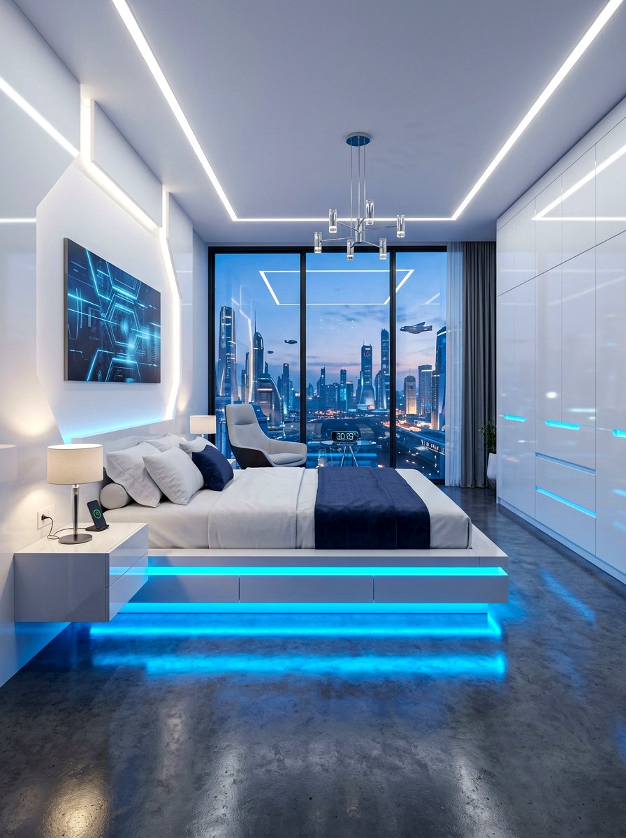 Futuristic Bedroom With Under Bed LED Strip - 30 bedroom lighting ideas