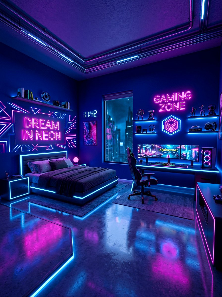 Futuristic Neon Bedroom - 30 gamer bedroom ideas