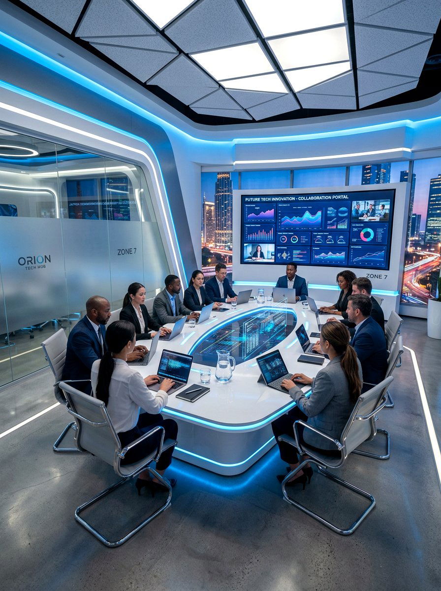 Futuristic Tech Enabled Meeting Hub - 30 office meeting corner ideas