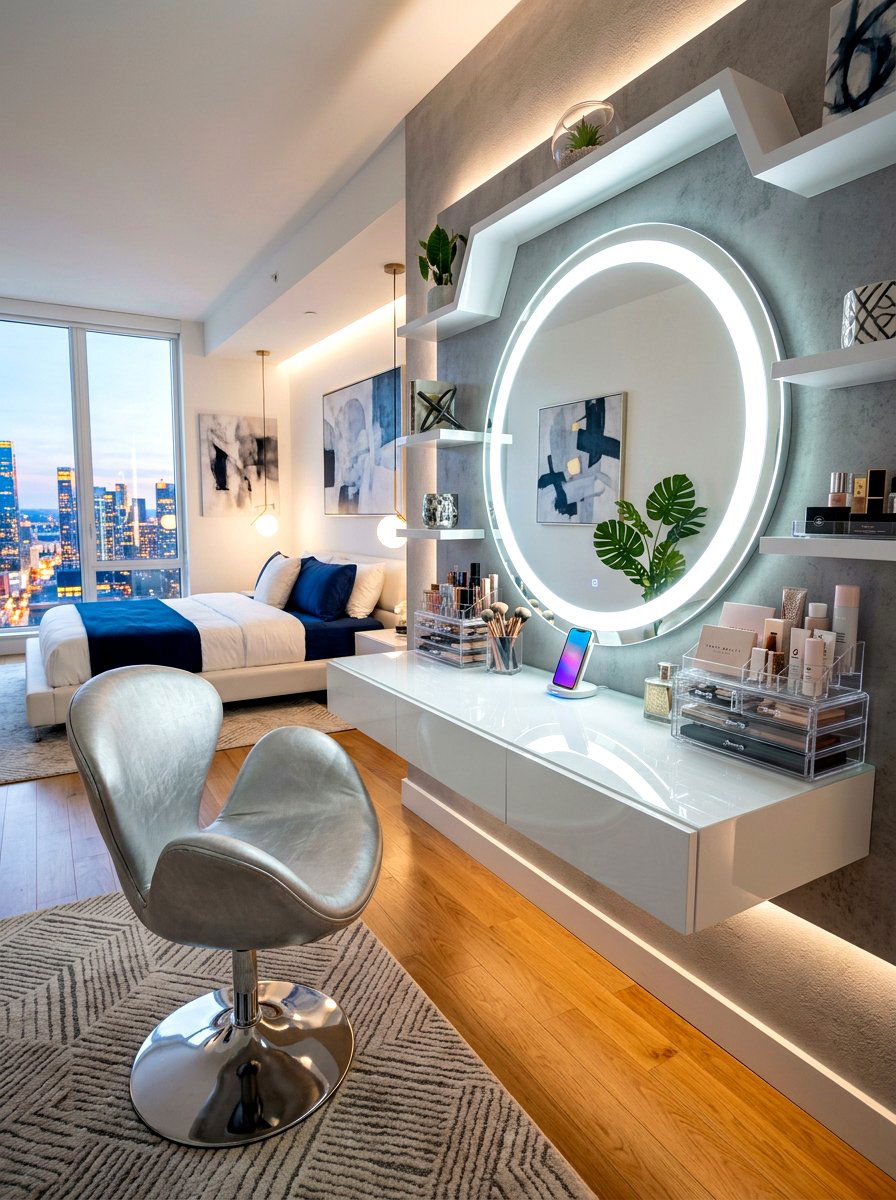 Futuristic vanity ring lights bedroom - 30 futuristic glam bedroom ideas