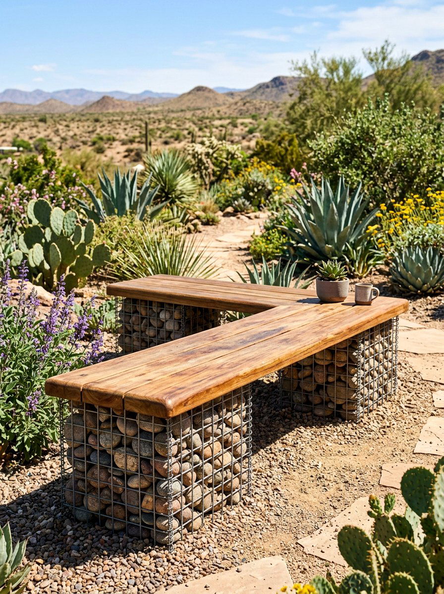 Gabion Basket Bench - 30 built in patio bench ideas