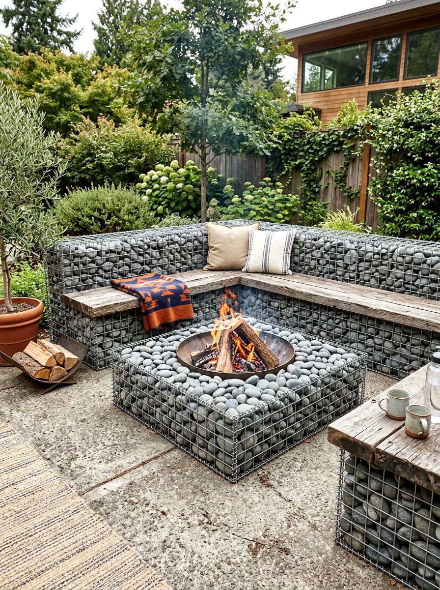 Gabion Basket Fire Pit - 30 fire lounge backyard ideas