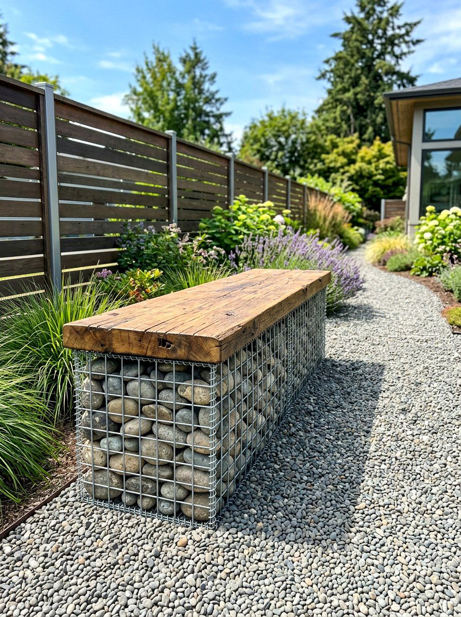 Gabion Cage Bench - 30 built in bench backyard ideas