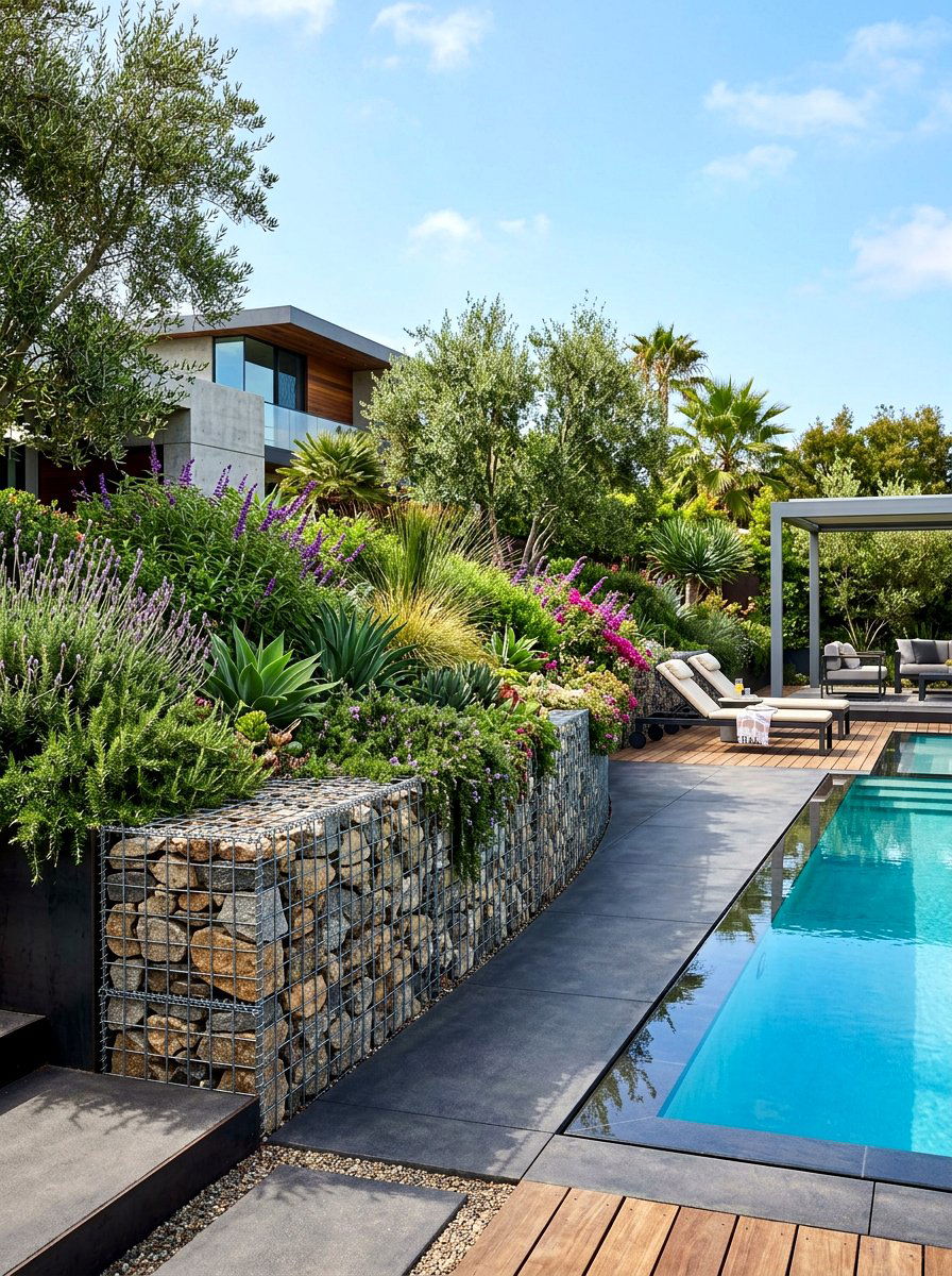Gabion Planter Wall - 30 poolside privacy screen ideas