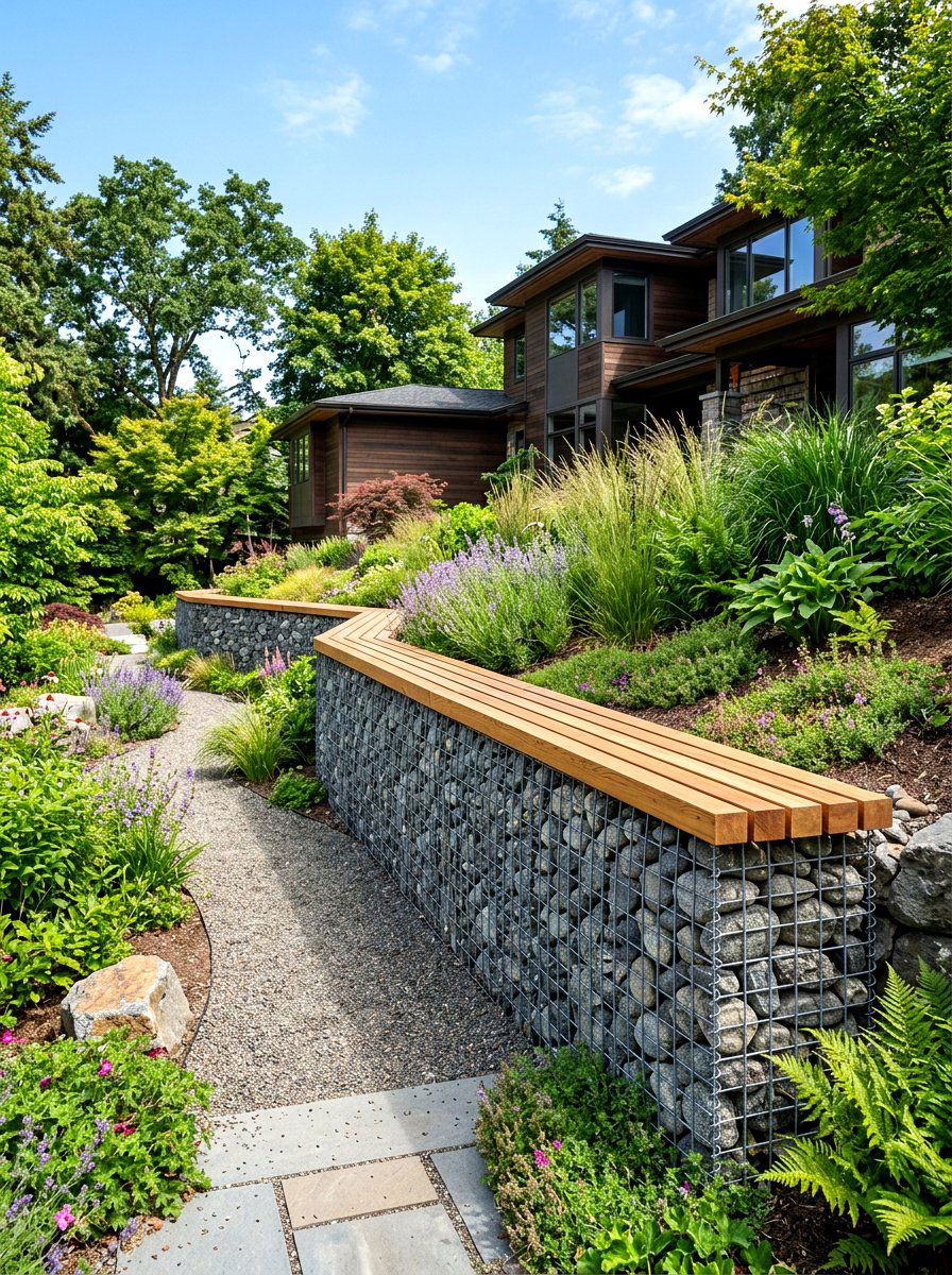 Gabion Retaining Wall - 30 side yard privacy fence landscaping ideas