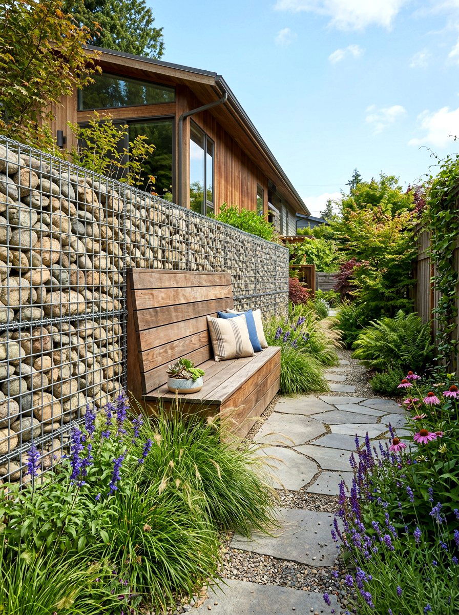 Gabion Rock Wall - 30 side yard privacy ideas