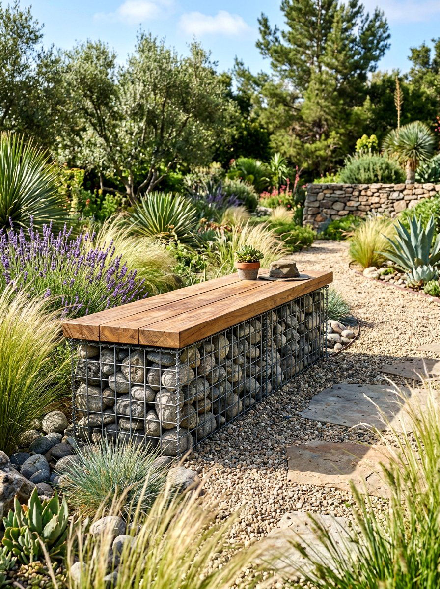Gabion Stone Bench - 30 outdoor bench ideas