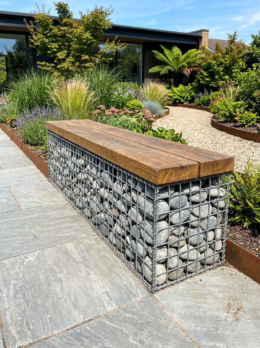 Gabion Stone Bench - 30 front yard bench ideas