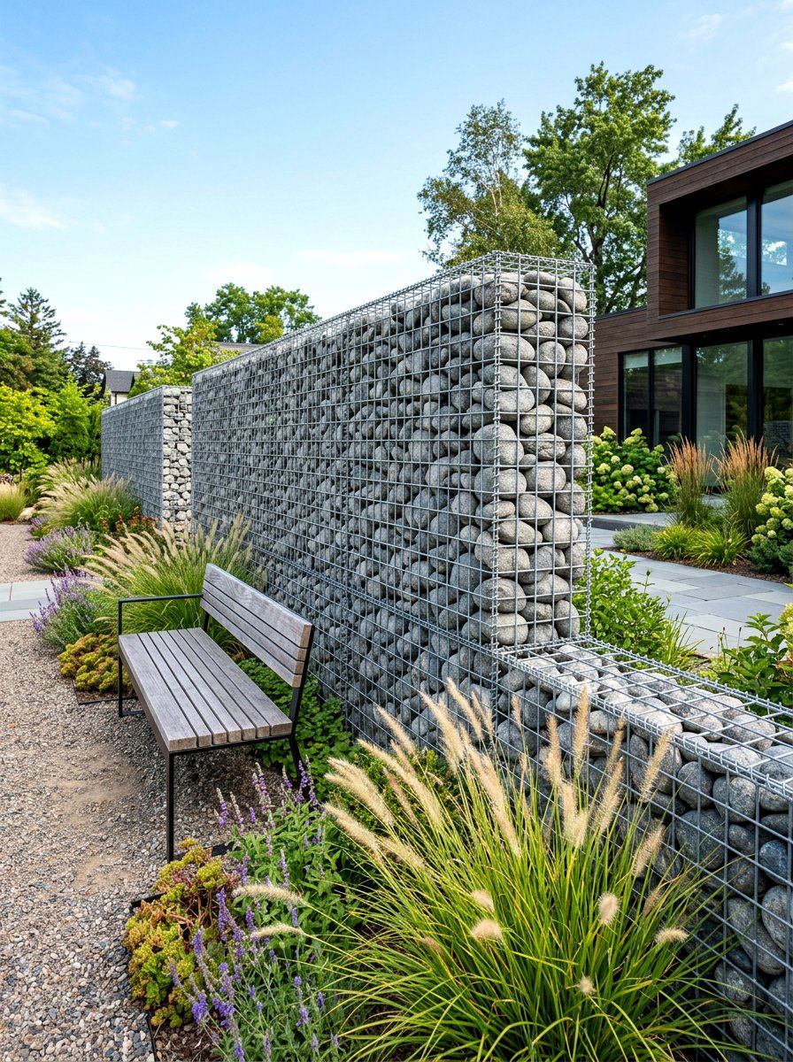 Gabion Stone Fence - 30 cheap fence ideas