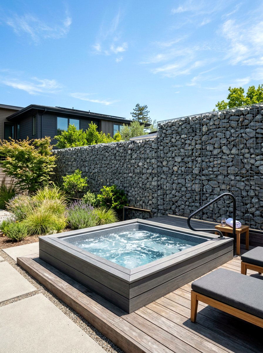 Gabion Stone Privacy Wall - 30 hot tub privacy fence ideas