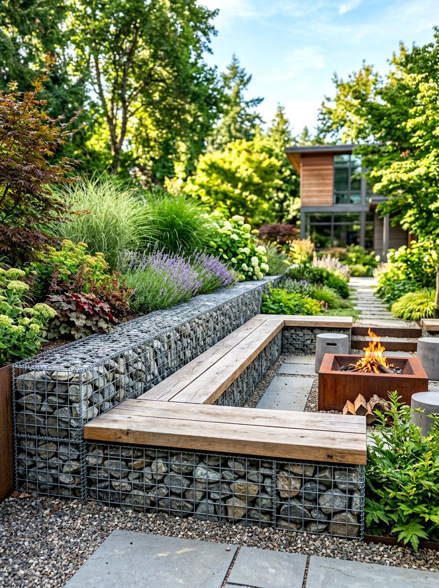 Gabion Timber Accent - 30 timber retaining wall ideas