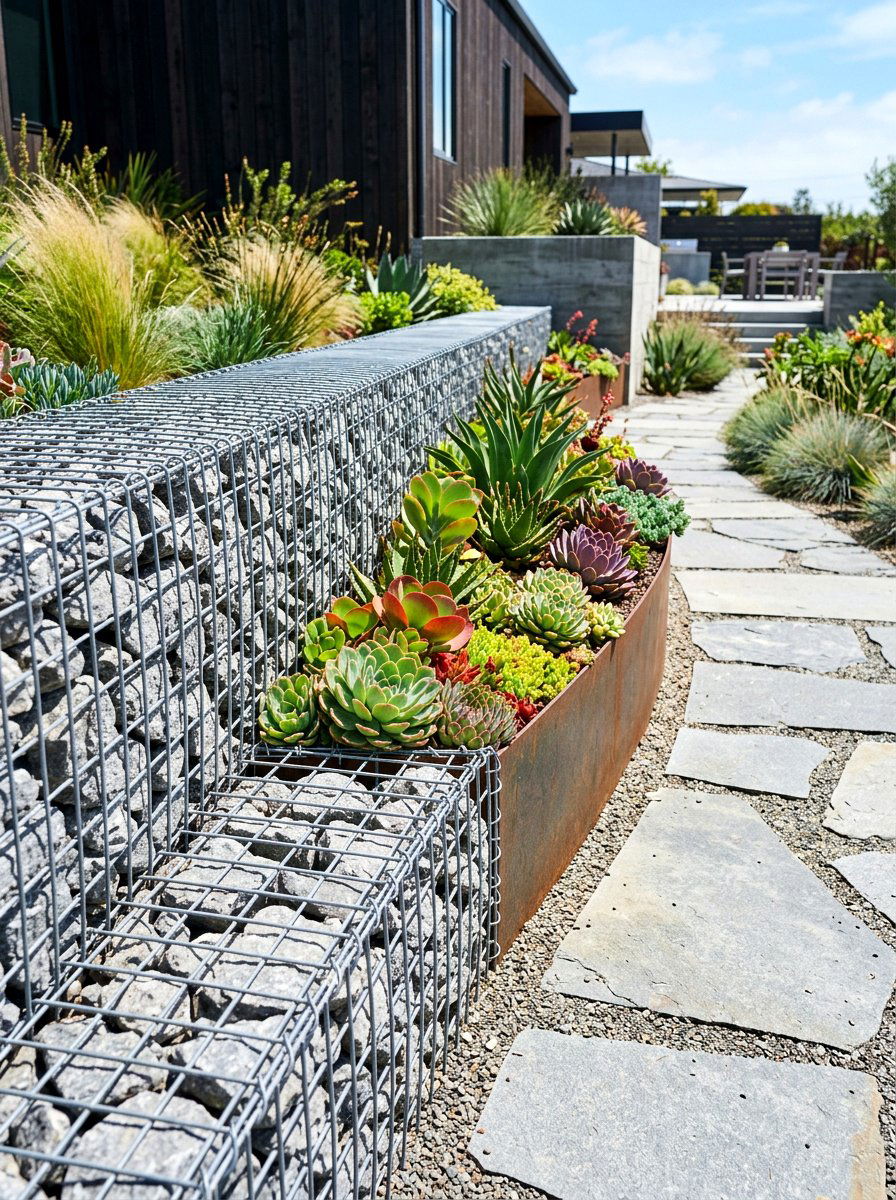 Gabion Wall Garden Border - 30 raised bed fence ideas