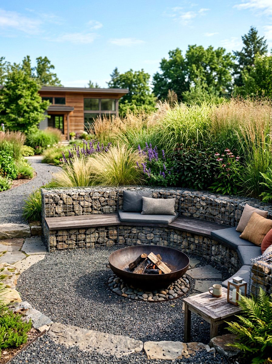 Gabion Wall Seating - 30 fire pit bench ideas
