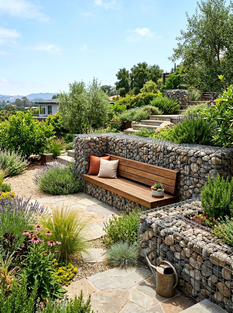 Gabion Wall Terrace Landscape - 30 slope garden ideas