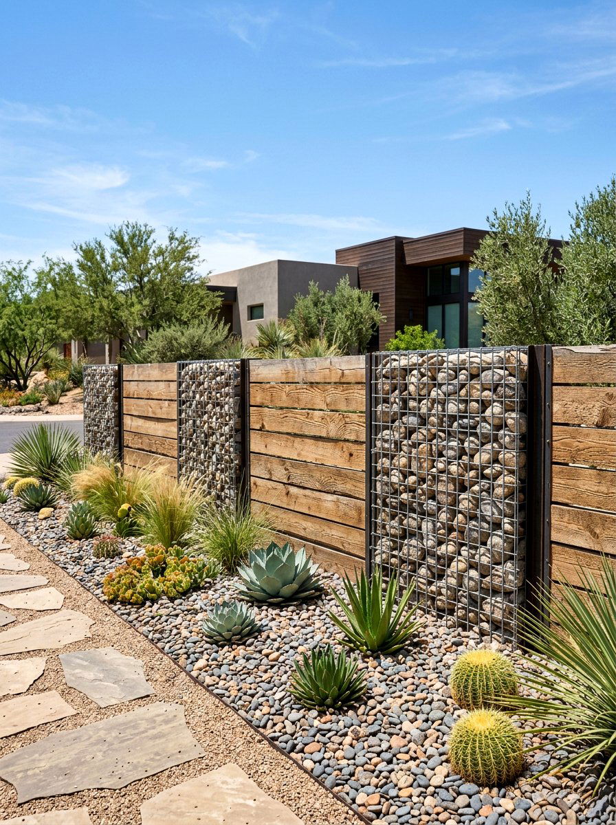 Gabion Wood Fence - 30 wooden fence ideas