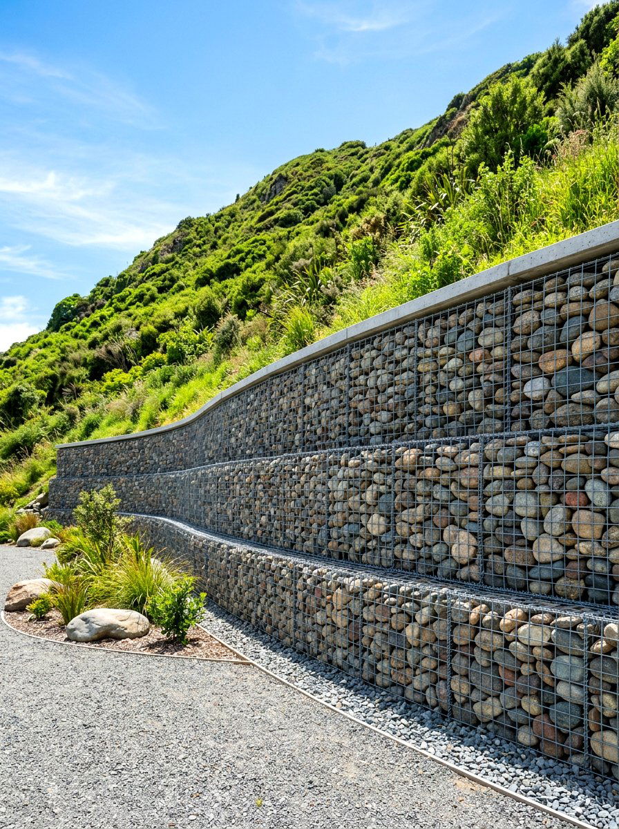 Gabion basket retaining wall - 30 sloped backyard retaining wall ideas