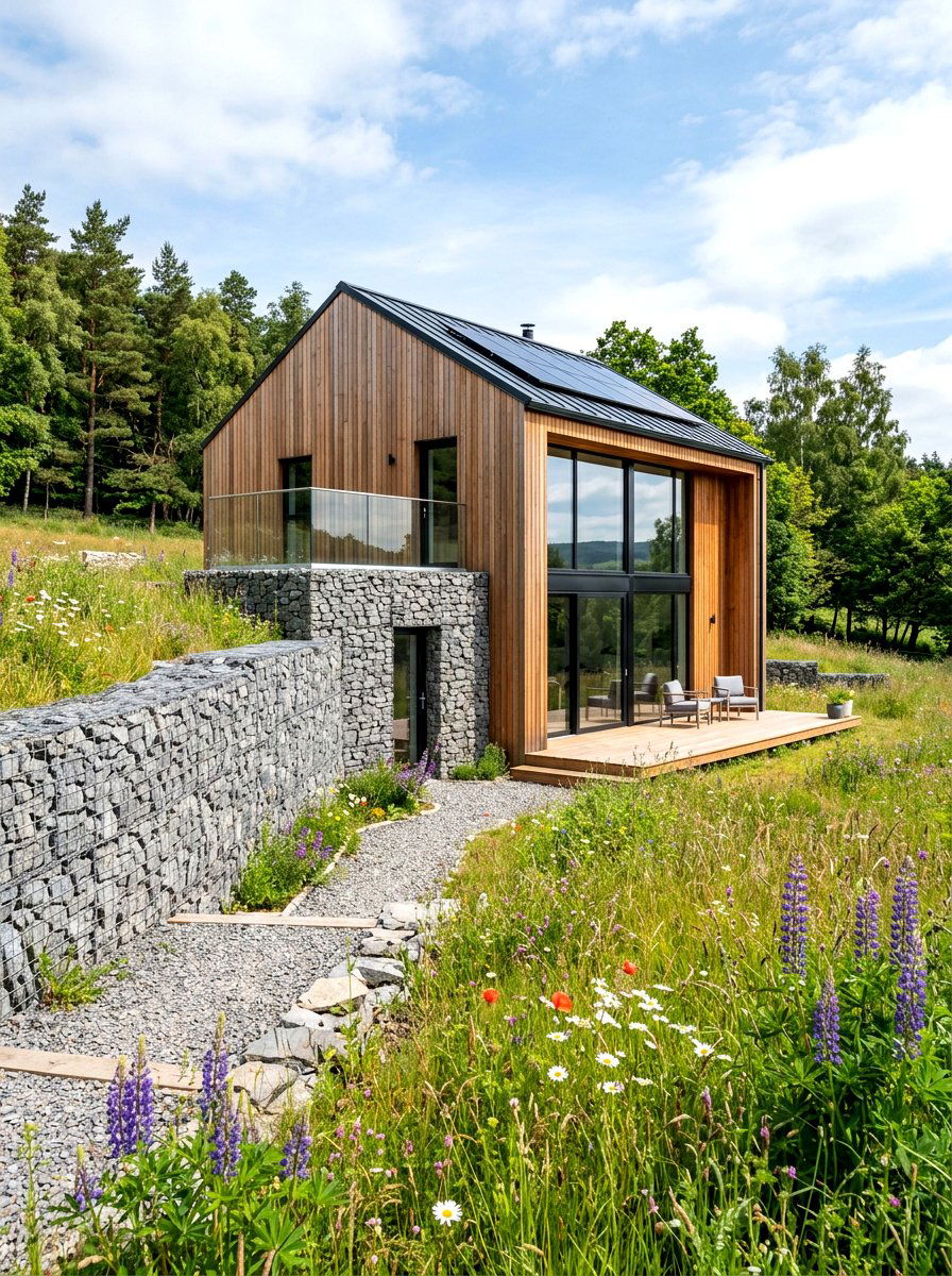 Gabion wall and wood - 30 mixed material facade ideas