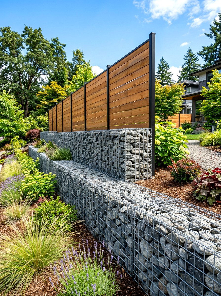 Gabion wall fence - 30 split level backyard ideas