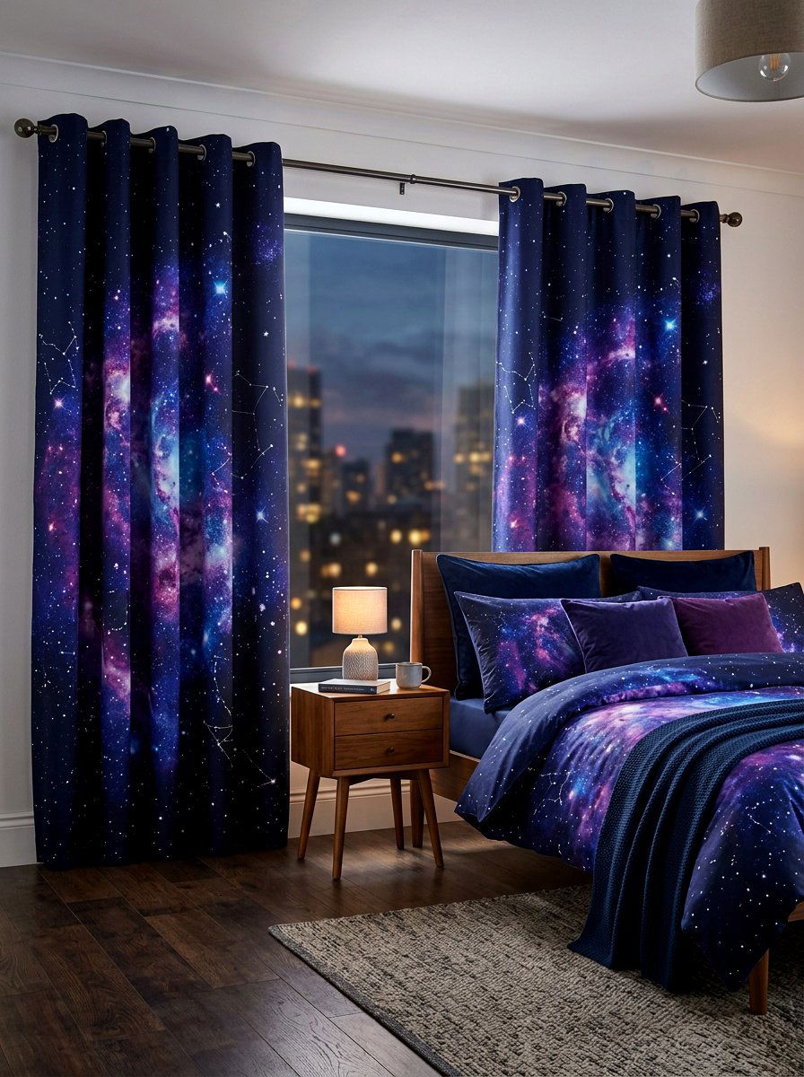 Galaxy Print Blackout Curtains - 30 space themed bedroom ideas