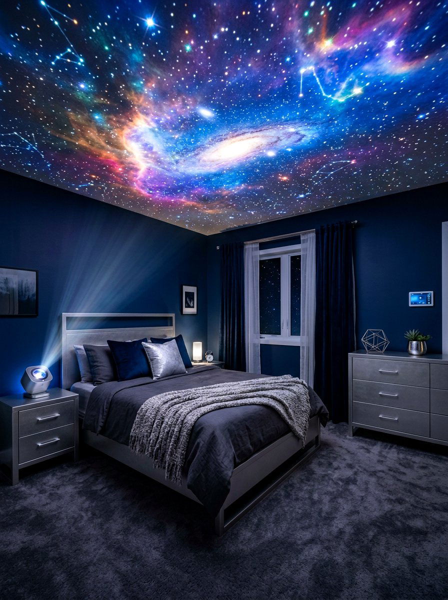 Galaxy projector ceiling bedroom design - 30 futuristic glam bedroom ideas