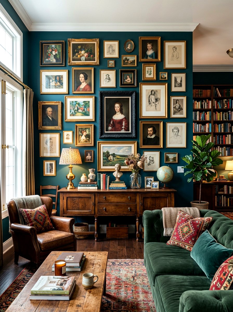 Gallery Wall Living Room - 30 moody English living room ideas