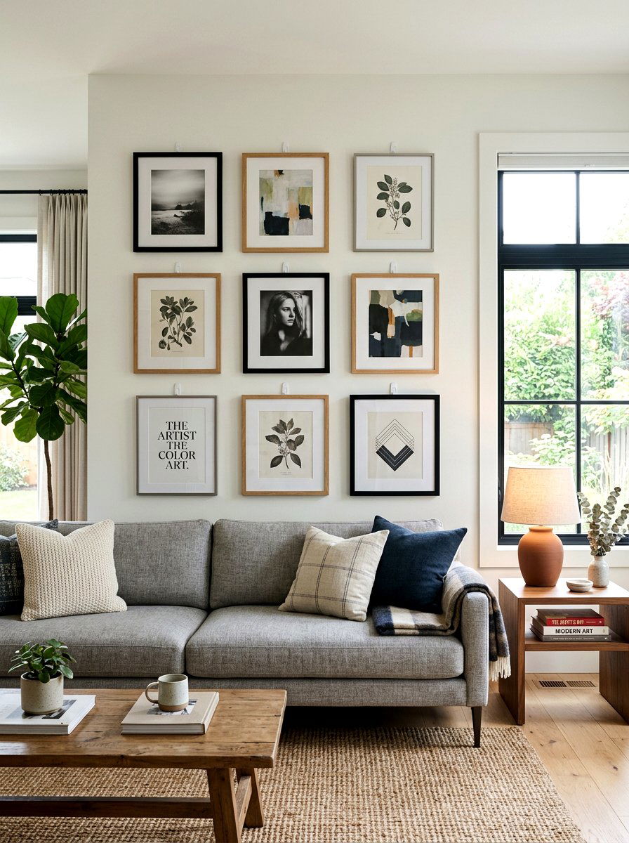 Gallery Wall With Adhesive Hooks - 30 renter friendly living room ideas