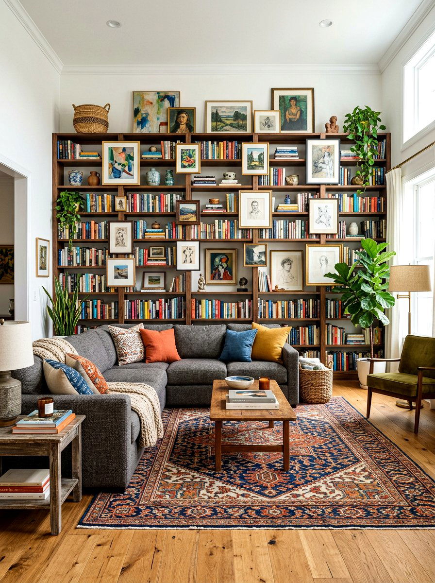 Gallery Wall With Bookshelves - 30 library style living room ideas